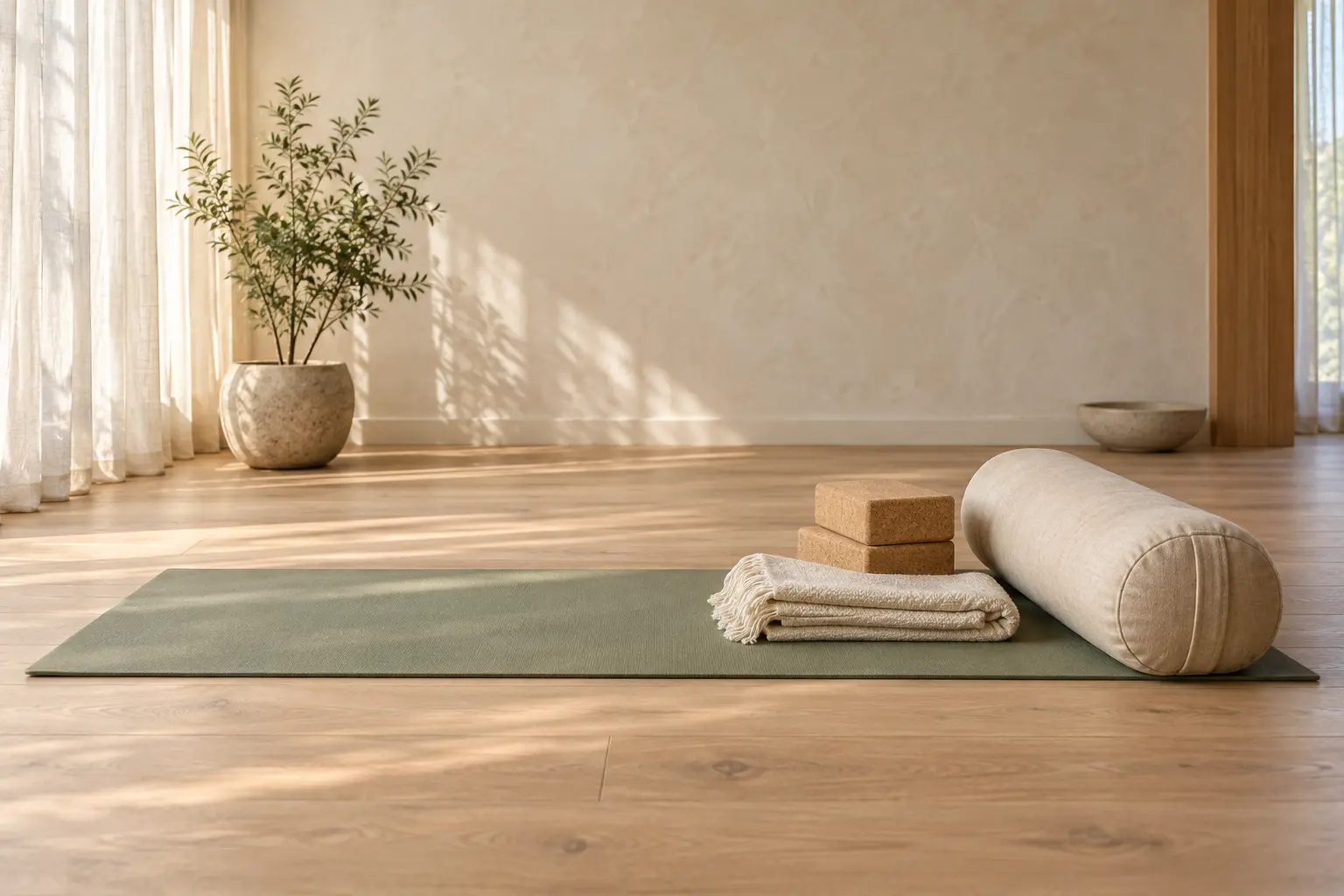 Yogamat met bolster, deken en blokken in een rustige lege ruimte voor yin yoga