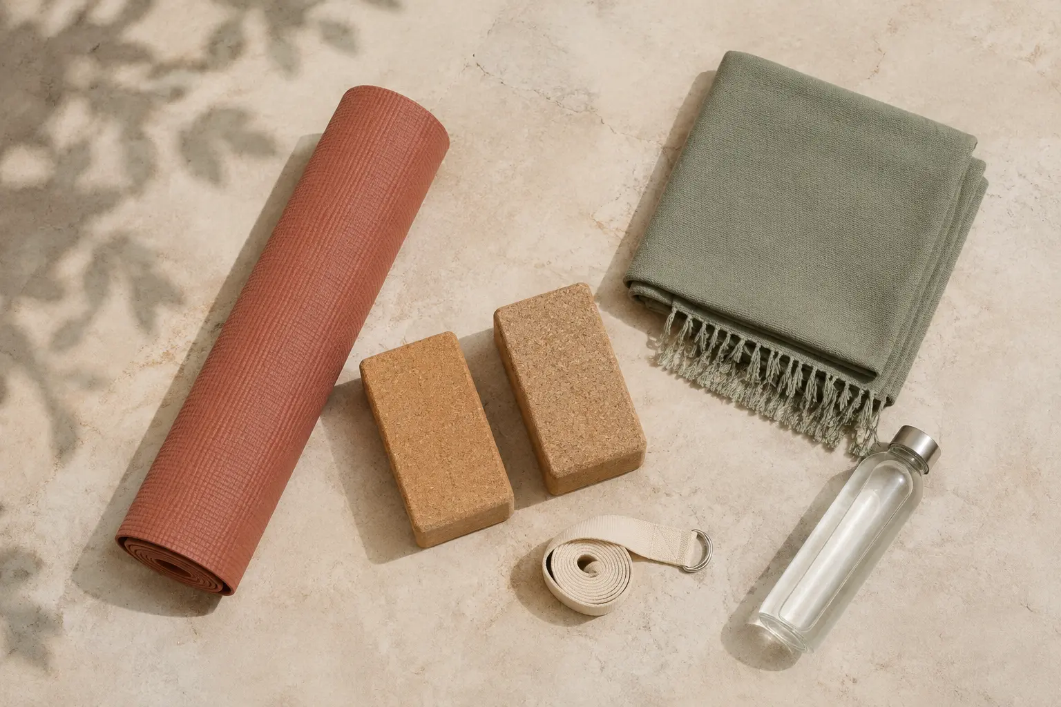 Een opgerolde yogamat, twee blokken, een deken, yogariem en waterfles voor een eerste yogales.