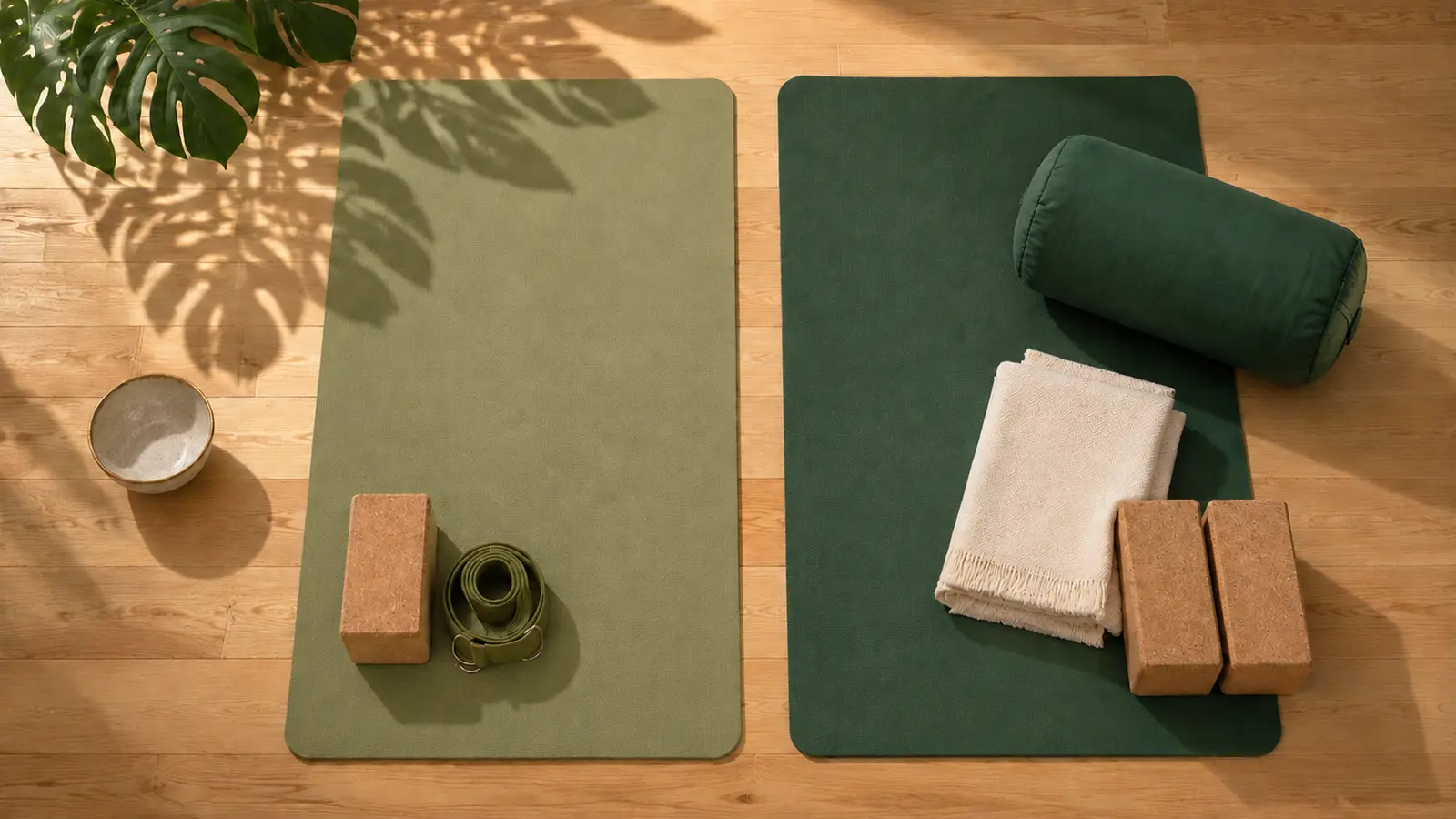 Bovenaanzicht van twee lege yogamatten met blokken, een riem en een bolster voor verschillende lesniveaus.