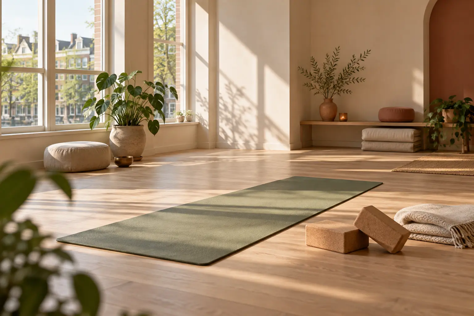 Lege yogaruimte met een groene mat, kurkblokken en dekens in zacht ochtendlicht.
