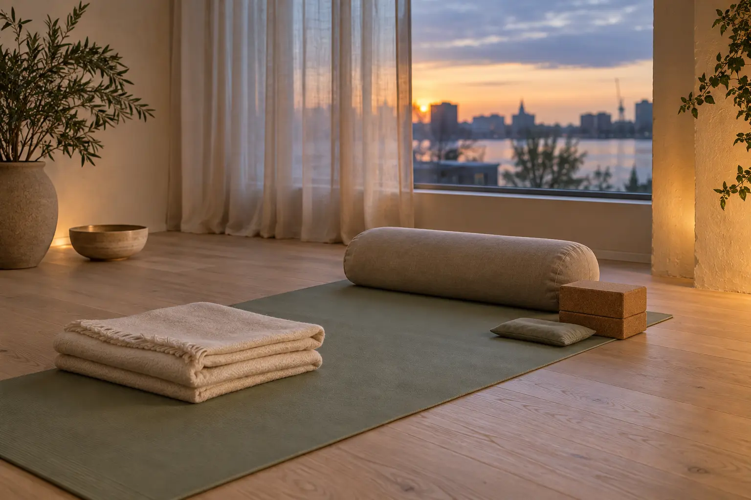 Lege yogamat met bolster en dekens in een stille ruimte met zacht avondlicht.