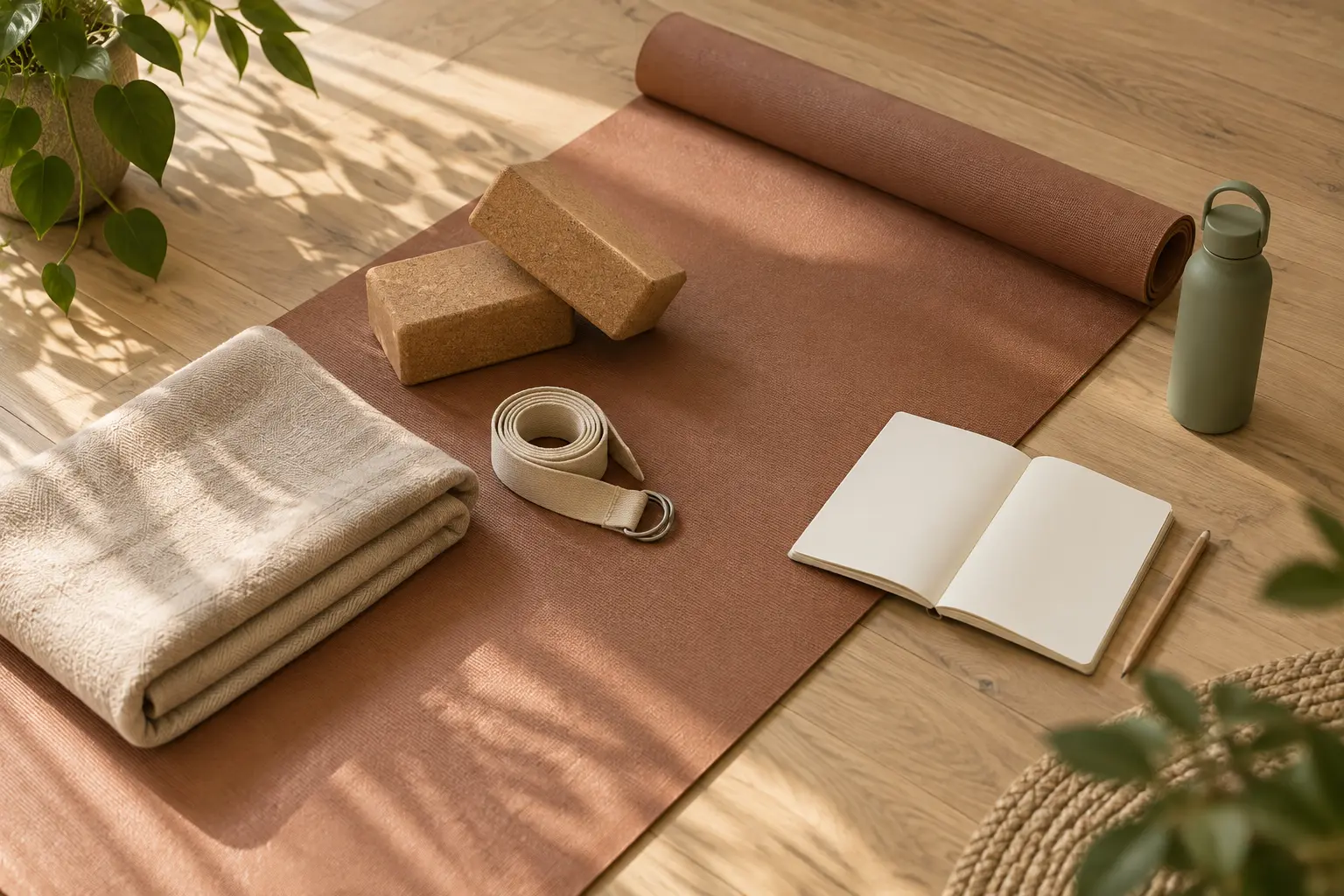 Open notitieboek naast een yogamat, yogablokken, riem, deken en waterfles als voorbereiding op een eerste yogales.