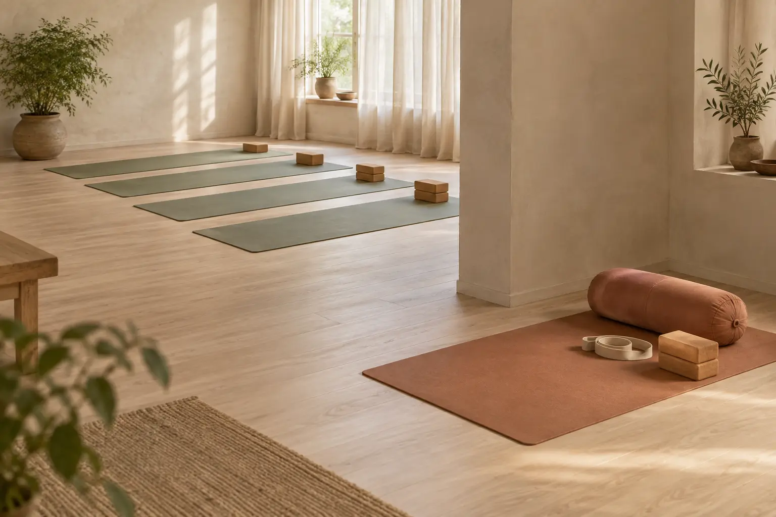 Een rij yogamatten naast een afzonderlijk ingerichte mat als rustige vergelijking tussen groepsles en privéles.