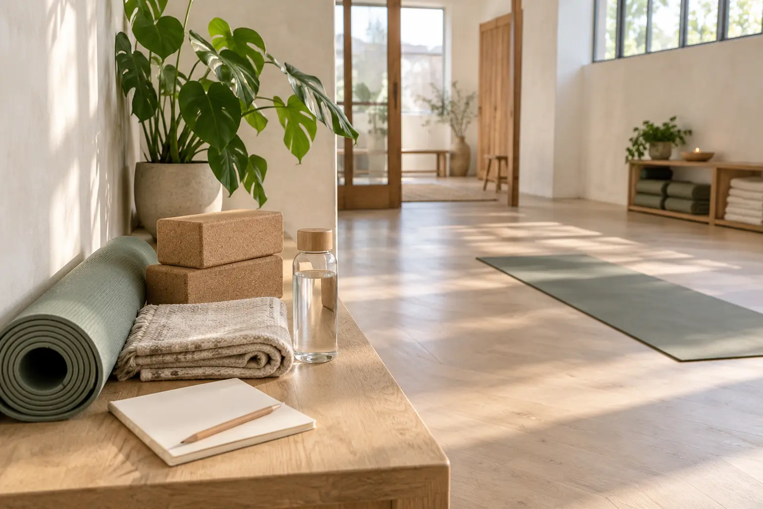 Yogamat, blokken, deken, waterfles en leeg notitieboek in een rustige lichte yogaruimte.