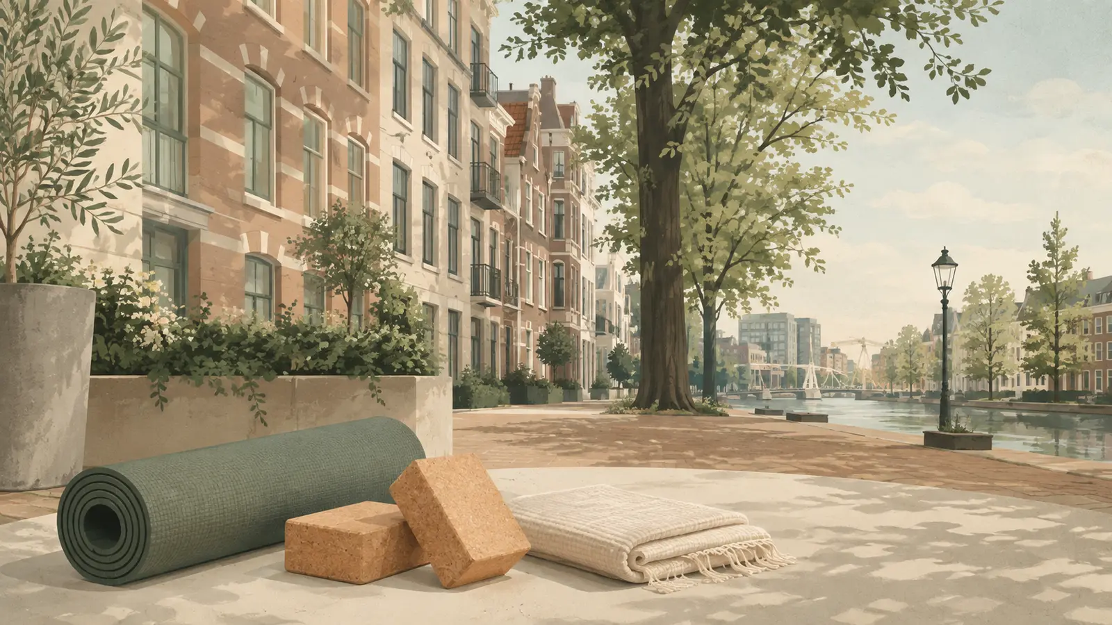 Illustratie van een rustige straat aan het water in Amsterdam Oost met yogamat en kurkblokken.