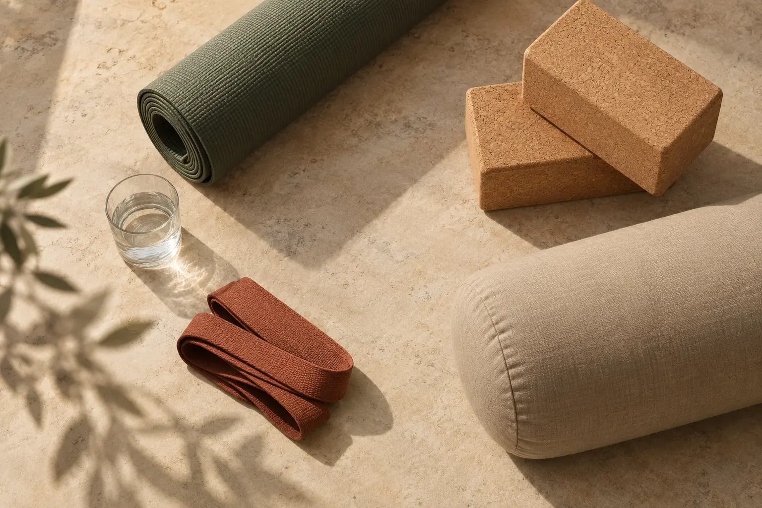 Yogamat, kurkblokken, bolster, band en water als hulpmiddelen voor een toegankelijke yogapraktijk.