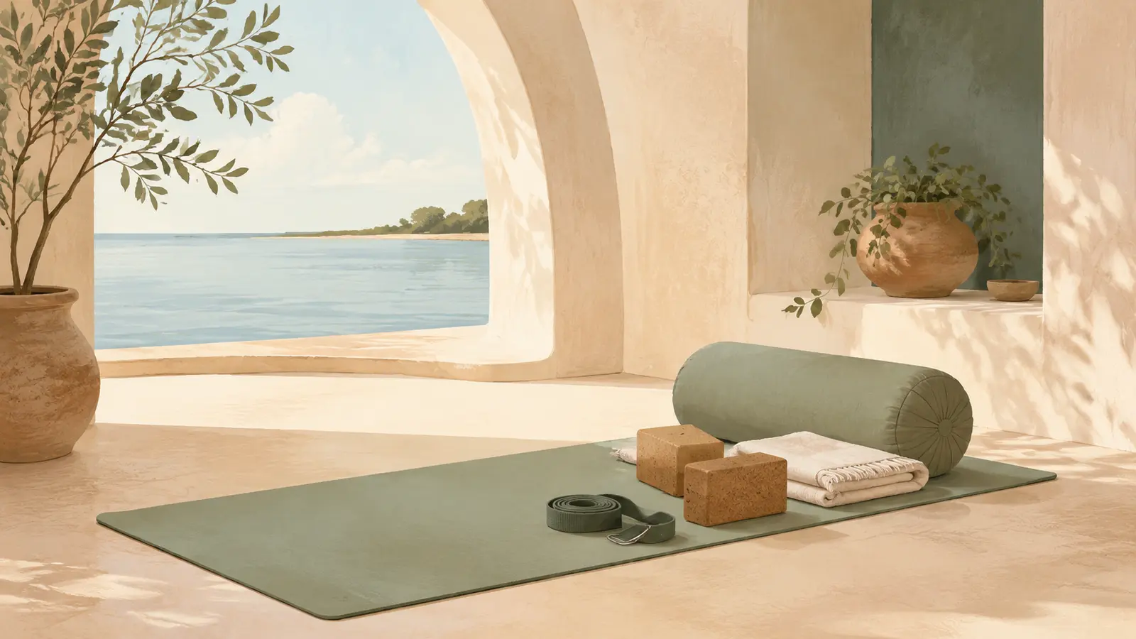 Lege groene yogamat met bolster, deken, blokken en yogariem in een rustige ruimte aan het water.