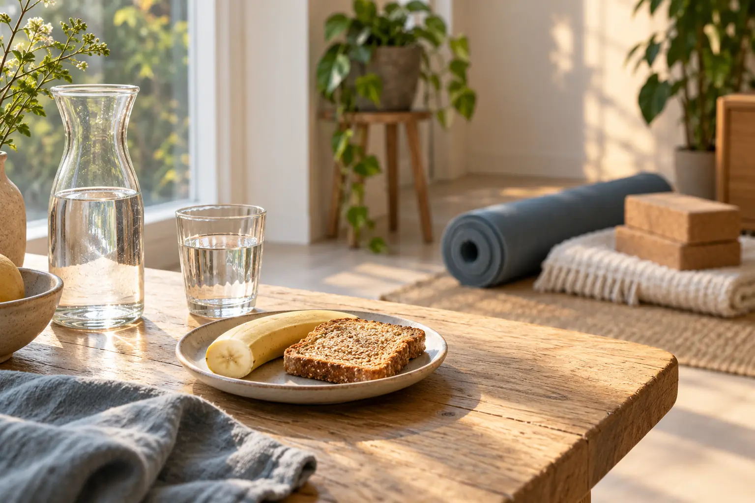 Glas water, karaf, banaan en toast op tafel met yogamat en blokken op de achtergrond