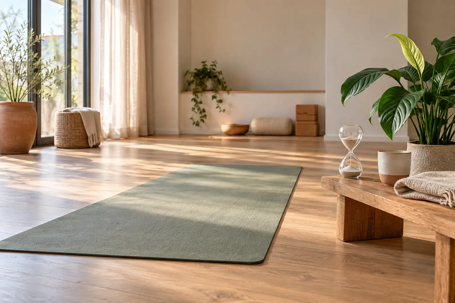 Lege yogaruimte met groene mat en zandloper in zacht ochtendlicht als beeld voor geleidelijke vooruitgang