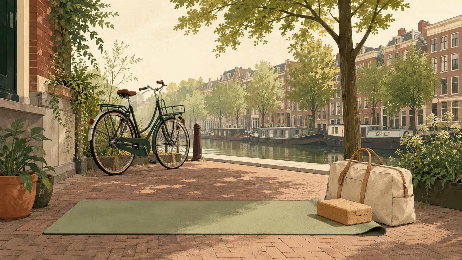 Illustratie van een rustige Amsterdamse gracht met fiets, yogamat en reistas.