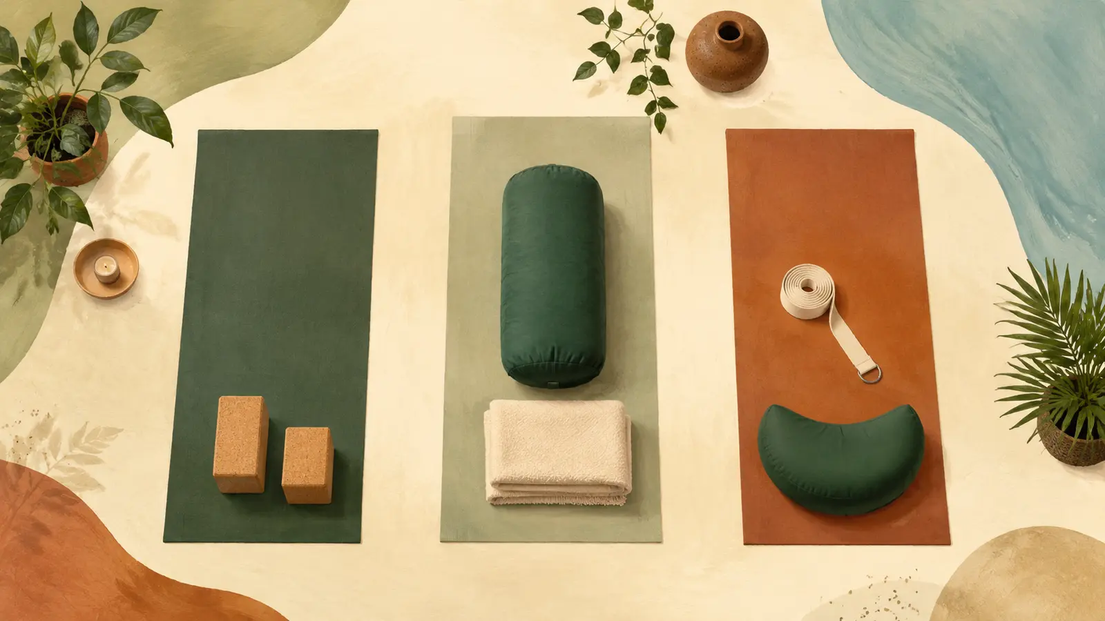 Drie lege yogamatten met verschillende combinaties van blokken, bolster, deken, riem en meditatiekussen.