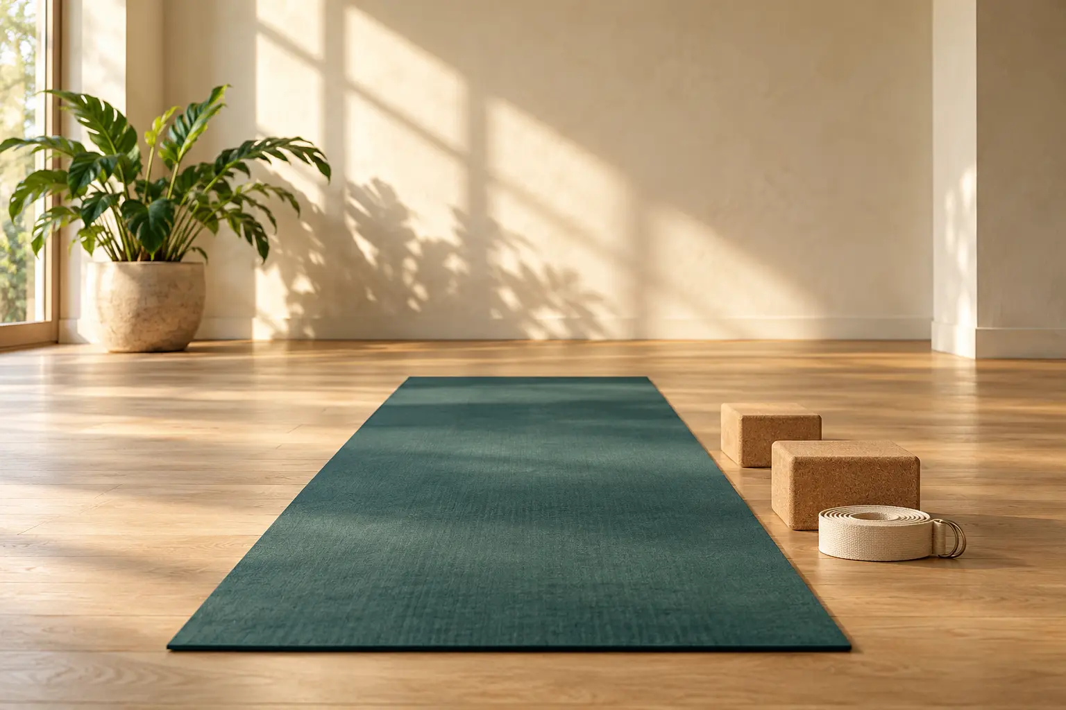 Lege lichte yogaruimte met een groene mat, kurken blokken en yogariem voor een gestructureerde Ashtanga-practice