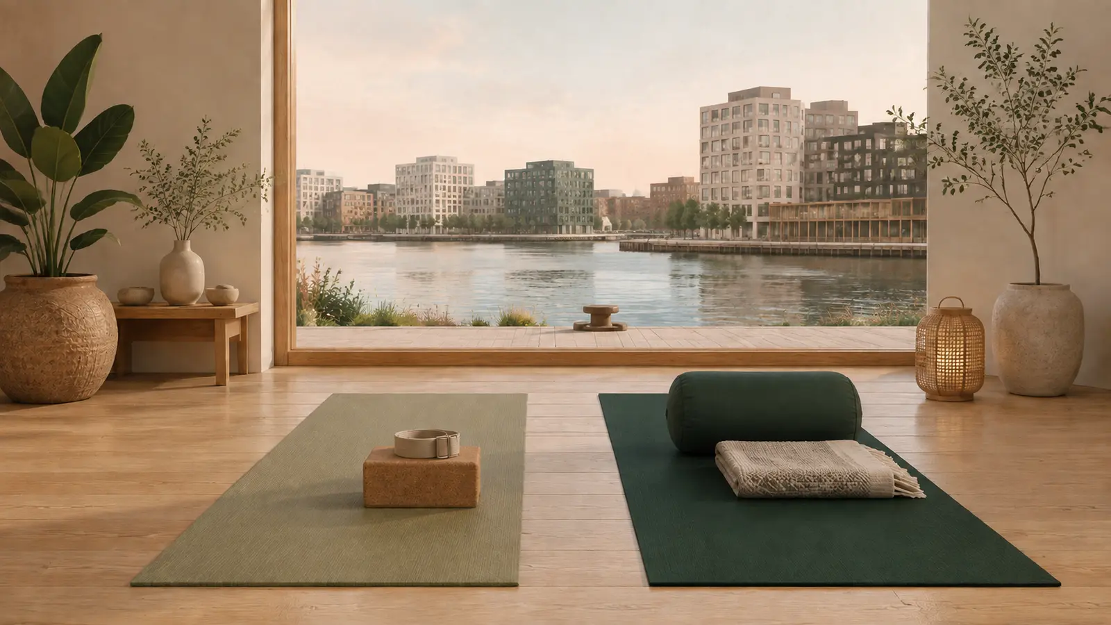 Illustratie van twee lege yogamatten met verschillende yogaprops aan het water in Zeeburg.