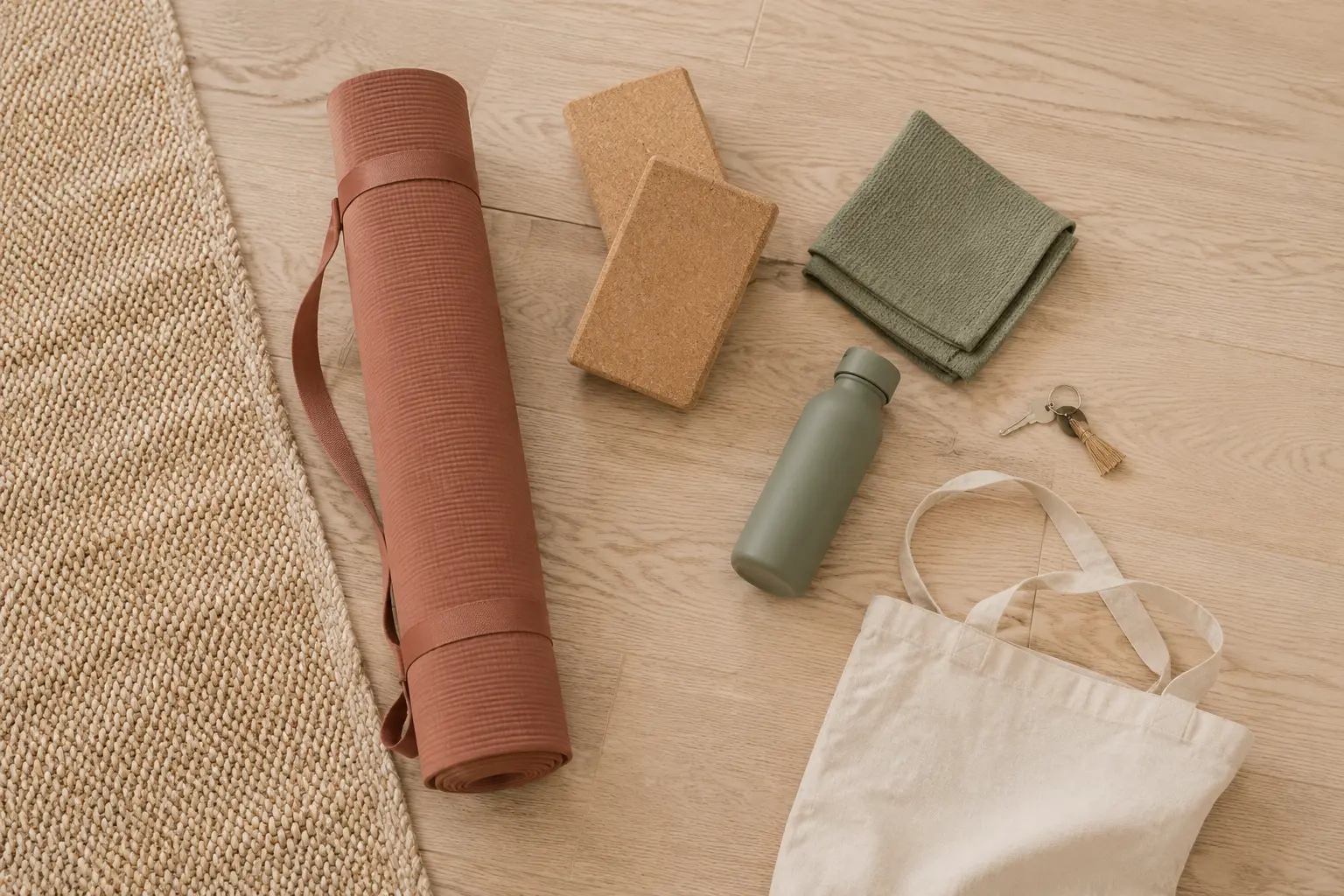 Een yogamat, blokken, handdoek, waterfles, tas en sleutels liggen klaar voor vertrek naar een yogales.