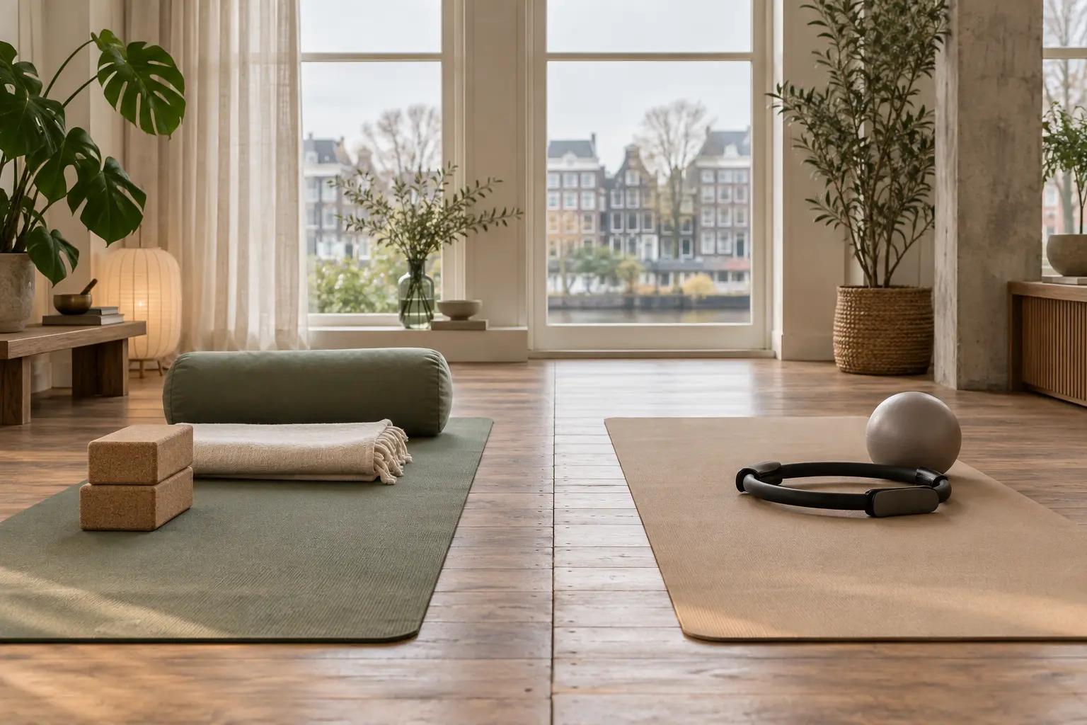 Twee lege matten met yogablokken en een pilatesring als rustige vergelijking tussen yoga en pilates.