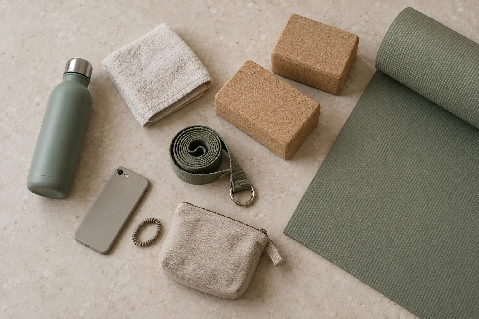 Waterfles, handdoek, yogablokken, yogariem en kleine persoonlijke spullen naast een yogamat.