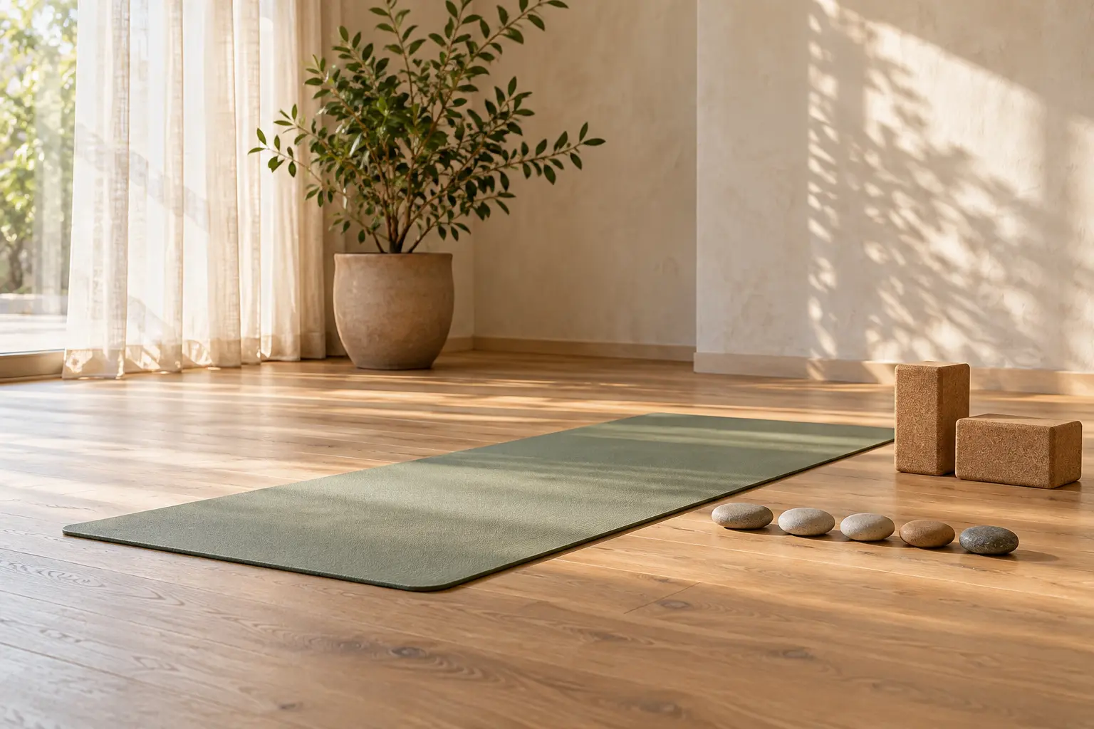Lege yogaruimte met groene mat, vijf stenen en kurken blokken in zacht ochtendlicht als beeld voor een regelmatig yogaritme