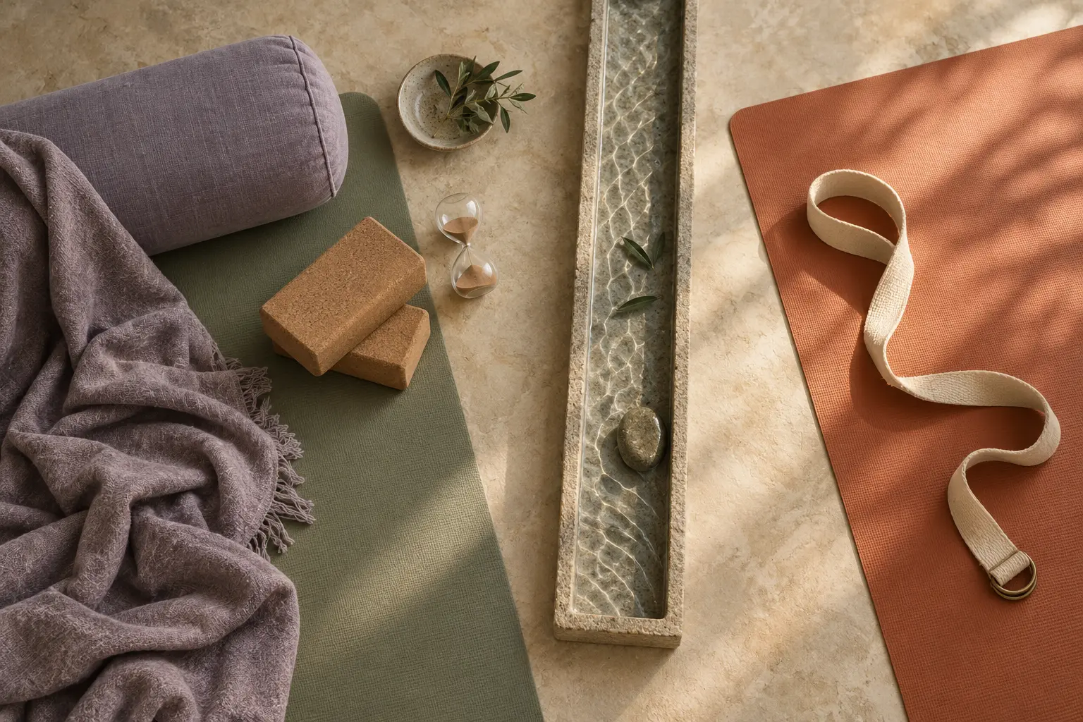 Een rustige yin-opstelling en een open vinyasa-mat met een golvende yogariem