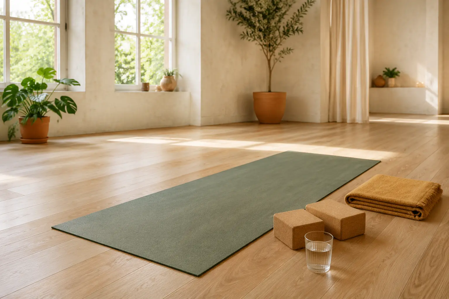 Lege groene yogamat met twee kurkblokken en een gevouwen deken in zacht ochtendlicht.