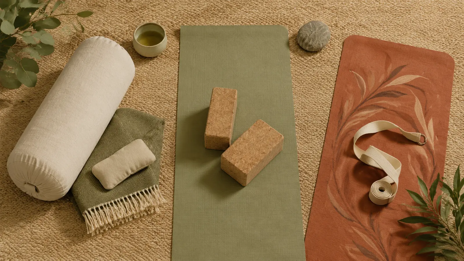 Yogabolster, deken, blokken en yogariem als rustige vergelijking van yogastijlen