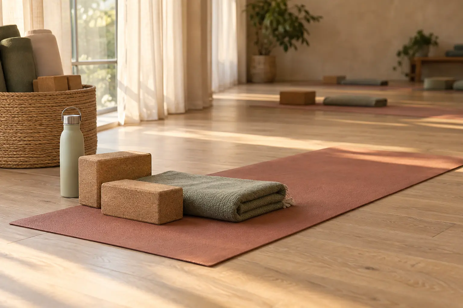 Een rustige yogaplek met mat, blokken, deken en waterfles in zacht daglicht.