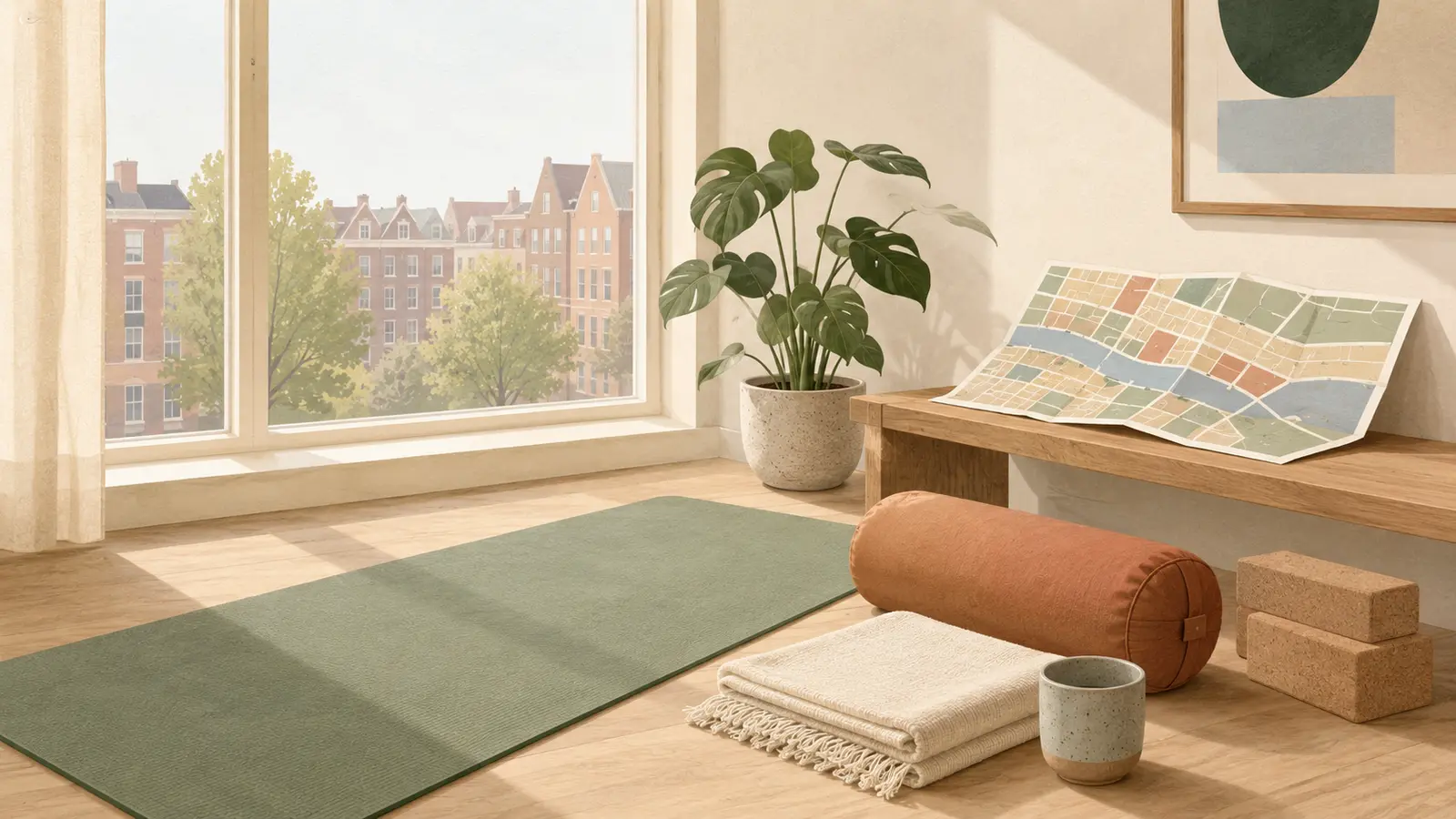 Illustratie van een yogamat, bolster en routekaart in een lichte ruimte in Amsterdam Oost.