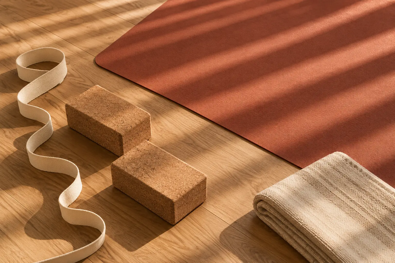 Terracottakleurige yogamat met kurken blokken, een yogariem en deken in ritmisch ochtendlicht