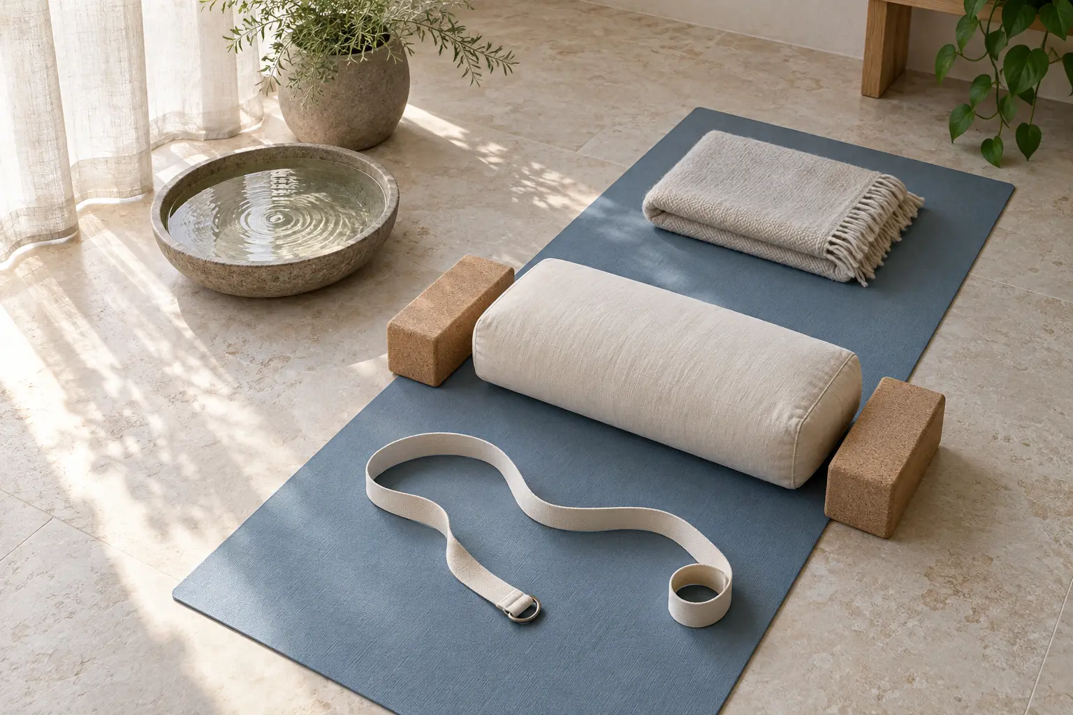 Blauwe yogamat met bolster, blokken, deken en yogariem voor een ondersteunde yin-houding