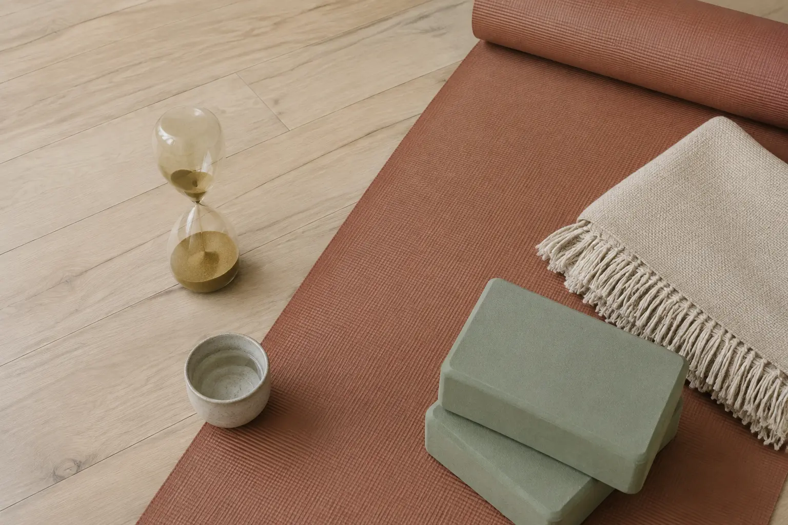 Yogamat, blokken, deken en een zandloper als verbeelding van de duur en opbouw van een yogales.