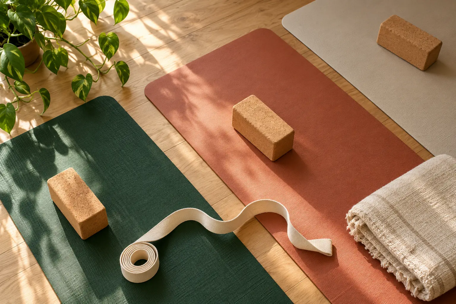 Drie yogamatten met kurken blokken, een golvende yogariem en een opgevouwen deken als rustige verbeelding van een Vinyasa-flow.