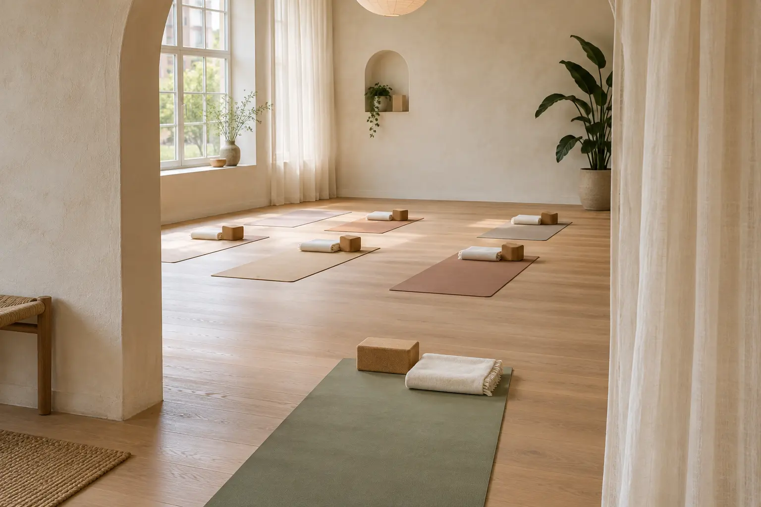 Eén yogamat ligt klaar bij de ingang van een rustige ruimte met meerdere lege yogaplekken.