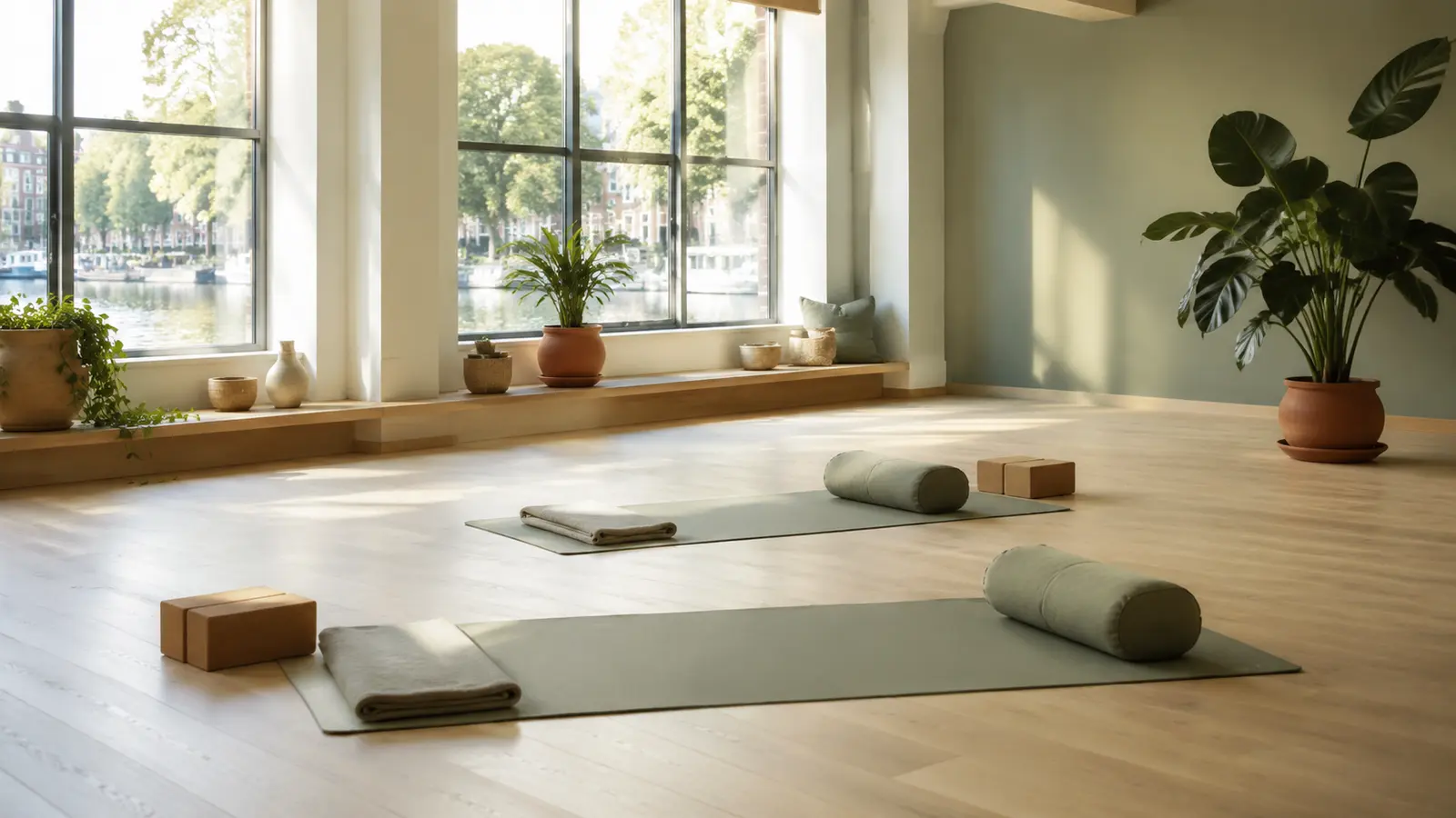 Rustige, verzorgde yogaruimte met twee lege matten, blokken, dekens en bolsters bij daglicht.
