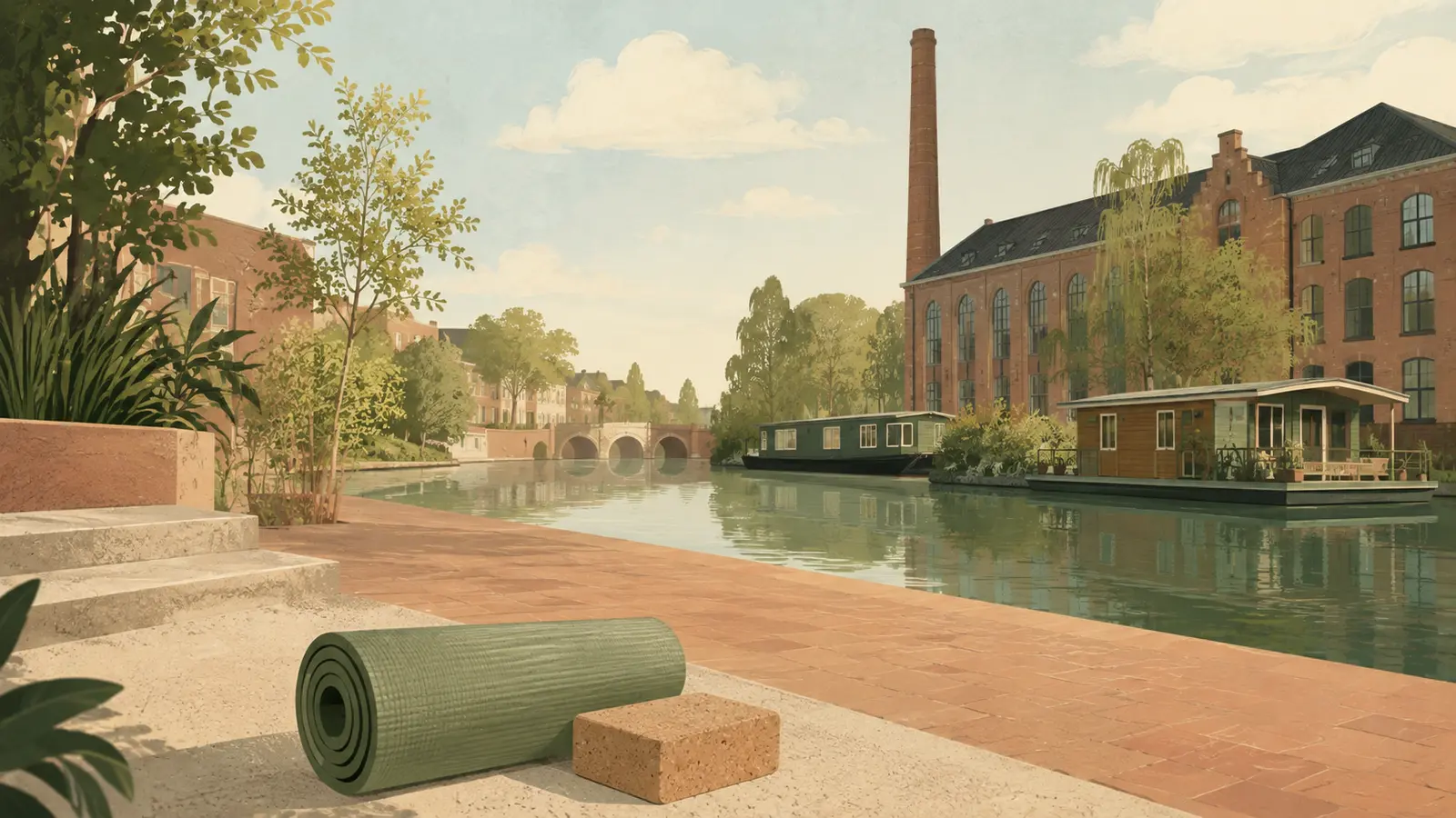 Illustratie van een yogamat en kurkblok aan het water in een rustige Cruquius-omgeving.