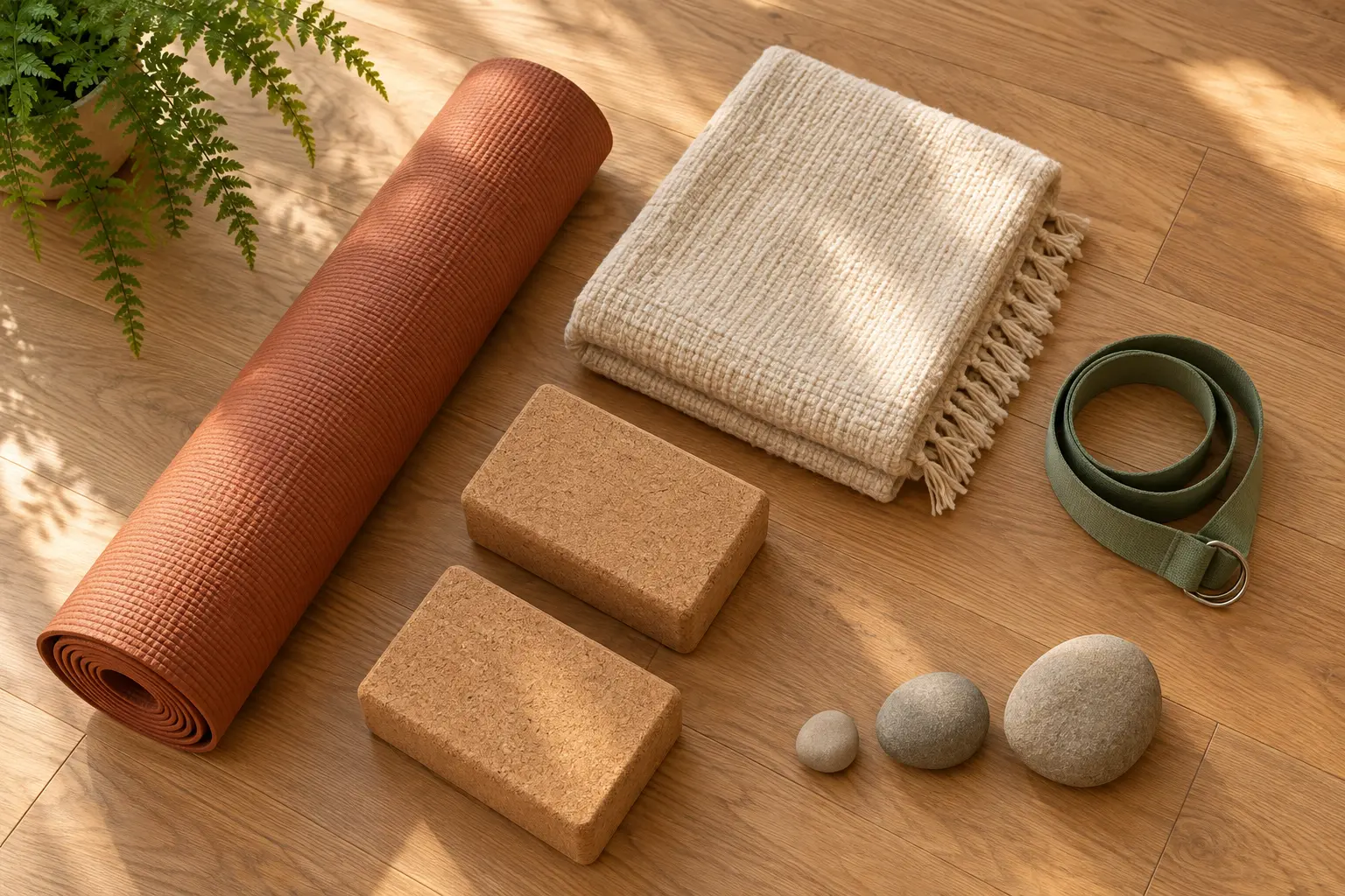 Yogamat, deken, riem, kurken blokken en drie stenen in warm daglicht als beeld voor regelmaat en herstel