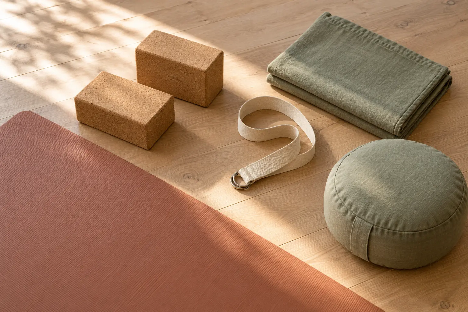 Yogamat met twee kurken blokken, yogariem, opgevouwen deken en meditatiekussen als hulpmiddelen voor Hatha yoga.