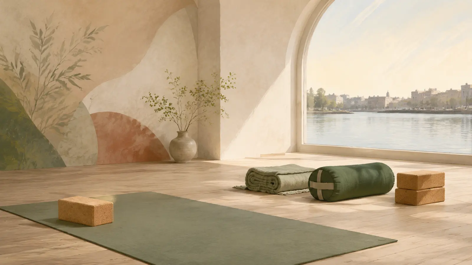Lege yogamat met één kurkblok en meerdere yogaprops in een rustige ruimte aan het water.