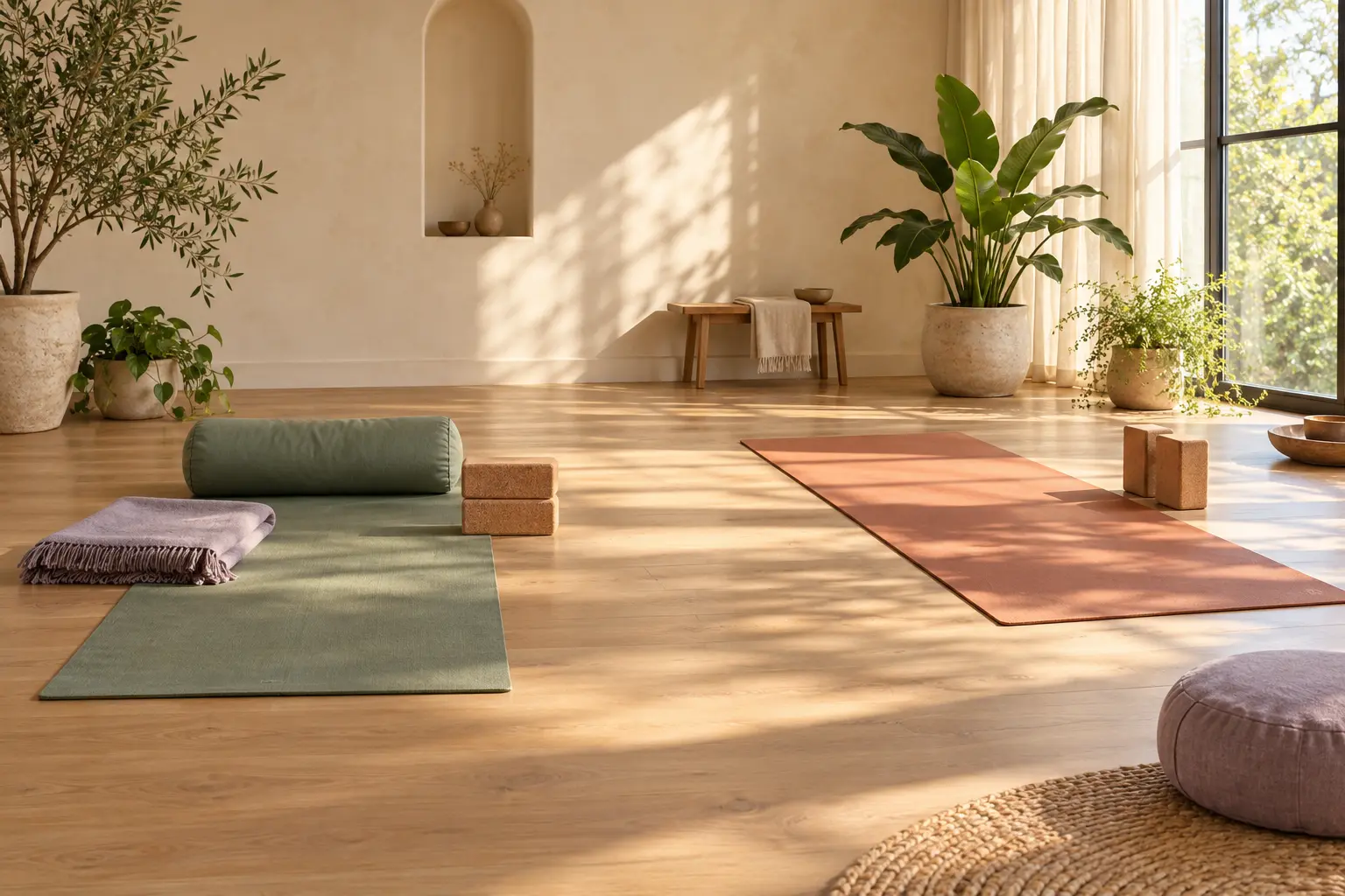 Twee yogamatten met een rustige yin-opstelling en een open vinyasa-opstelling