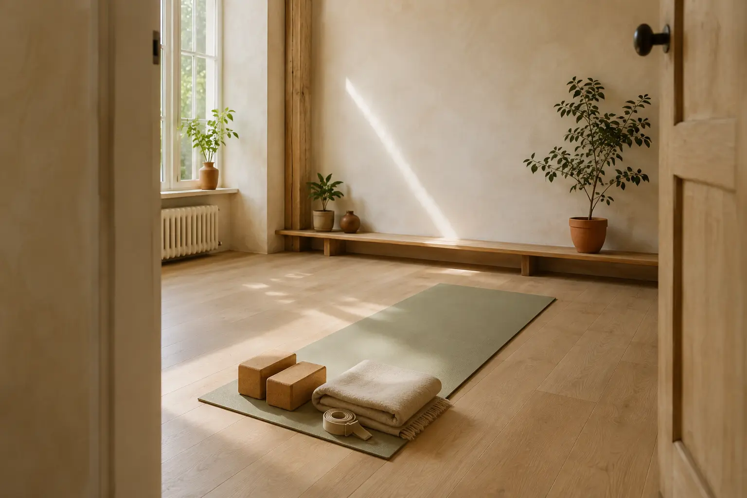 Een lege yogamat met blokken, deken en riem in een rustige lichte ruimte, klaar voor een eerste yogales.