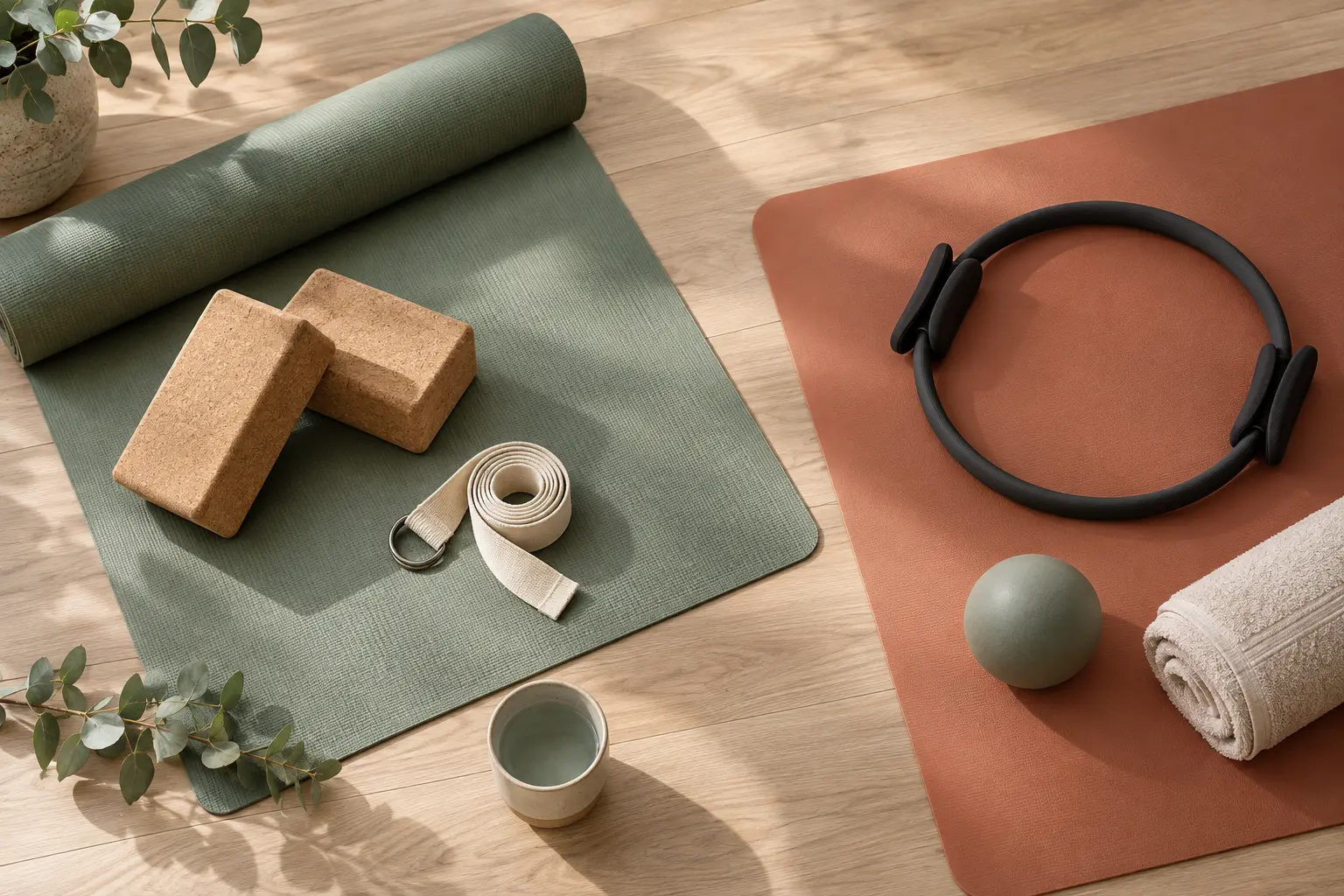 Yogamat met blokken en band naast een pilatesmat met ring en zachte bal.