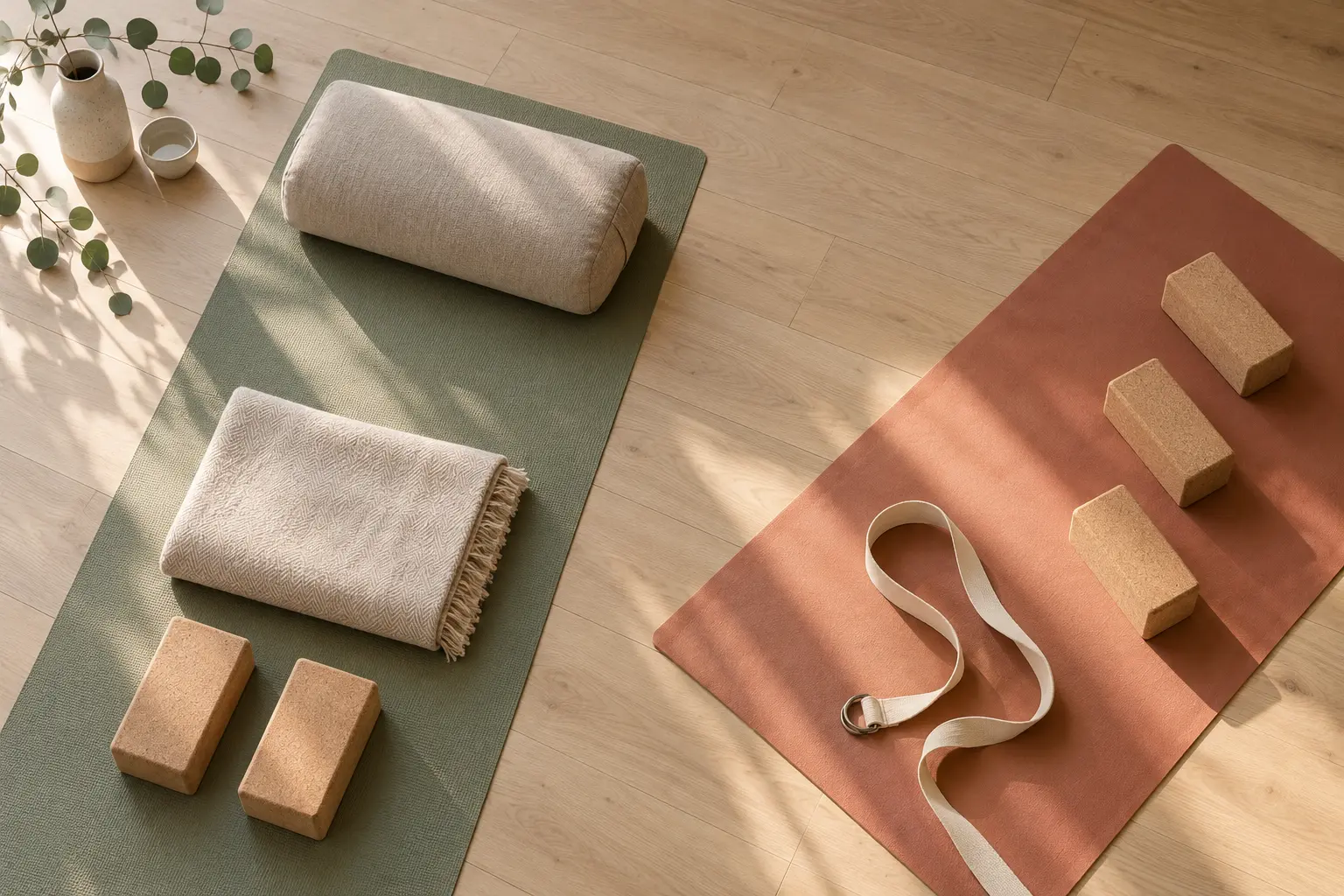Twee yogamatten met hulpmiddelen die een rustige en een vloeiende lesopbouw verbeelden
