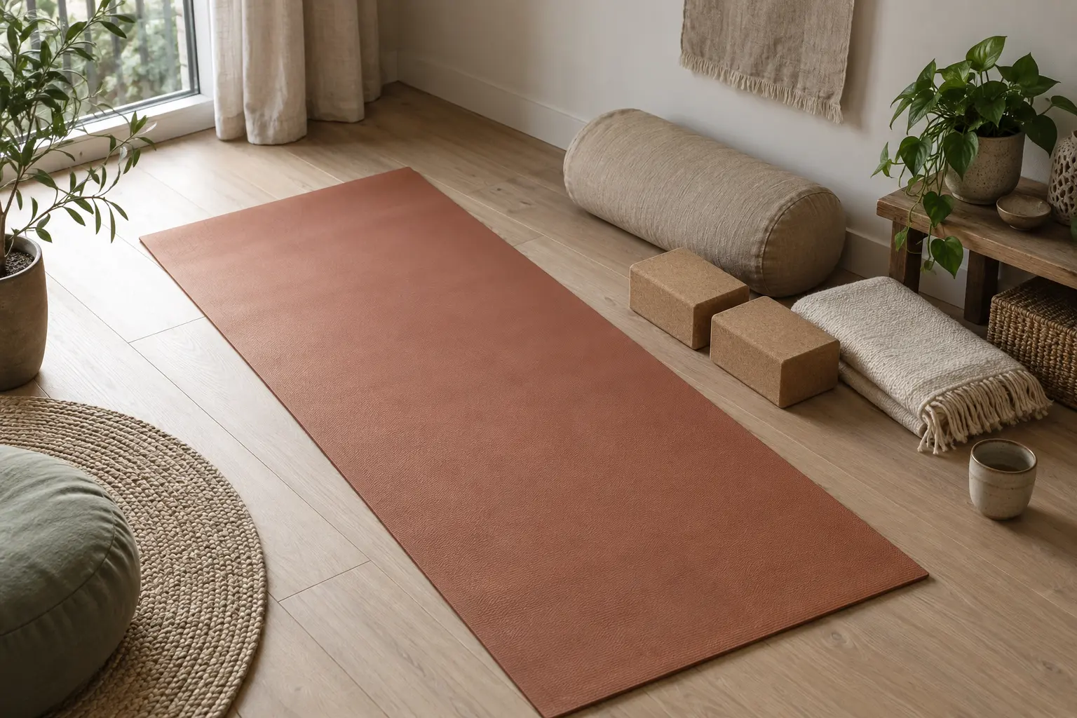Yogamat met kurken blokken, deken en bolster in een rustige oefenhoek thuis.