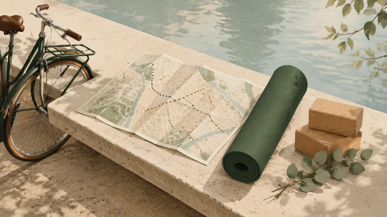 Illustratie van een fiets, routekaart, yogamat en yogablokken aan het water in Amsterdam Oost