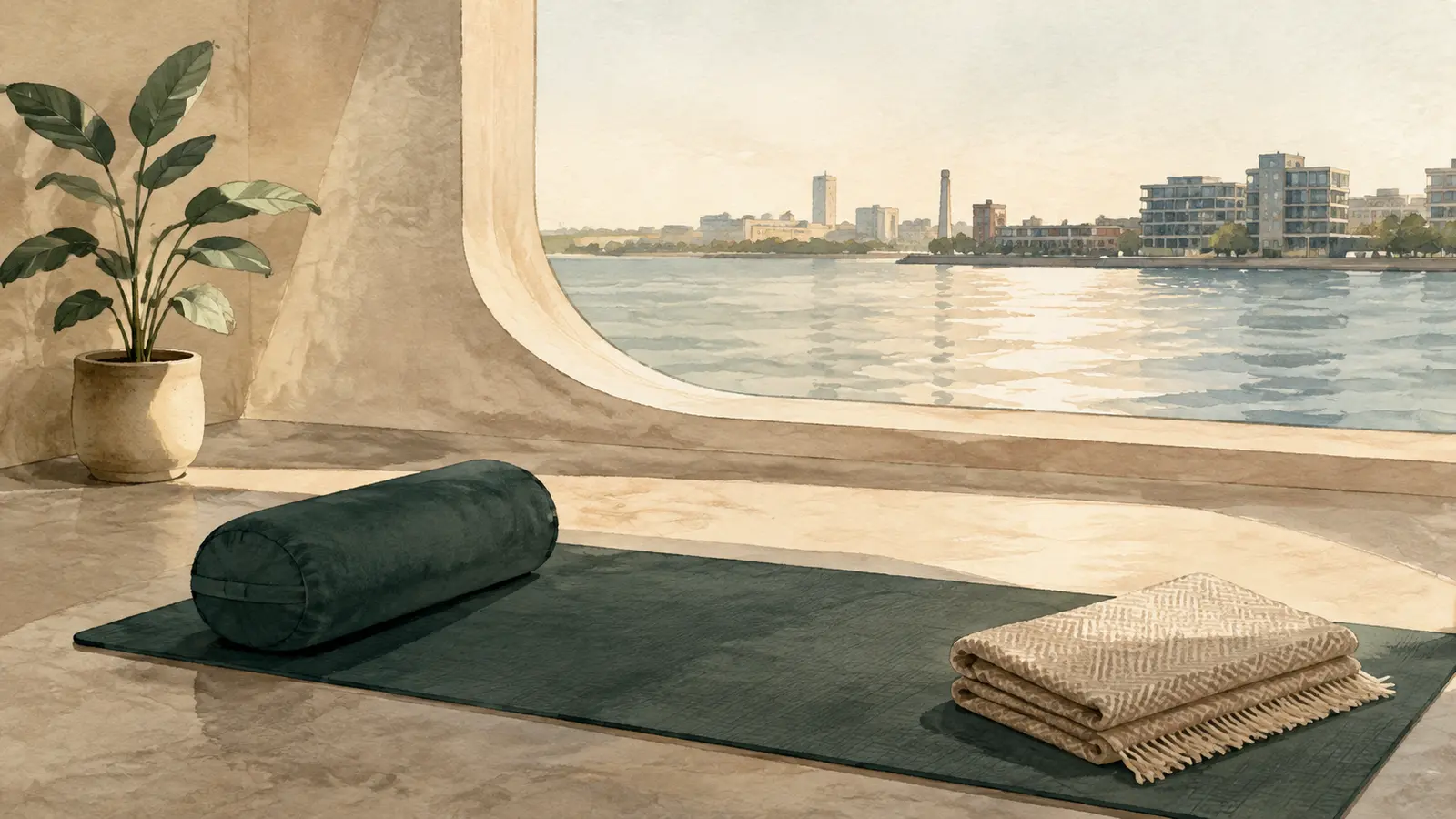 Illustratie van een rustige yogamat met bolster en uitzicht over het water.