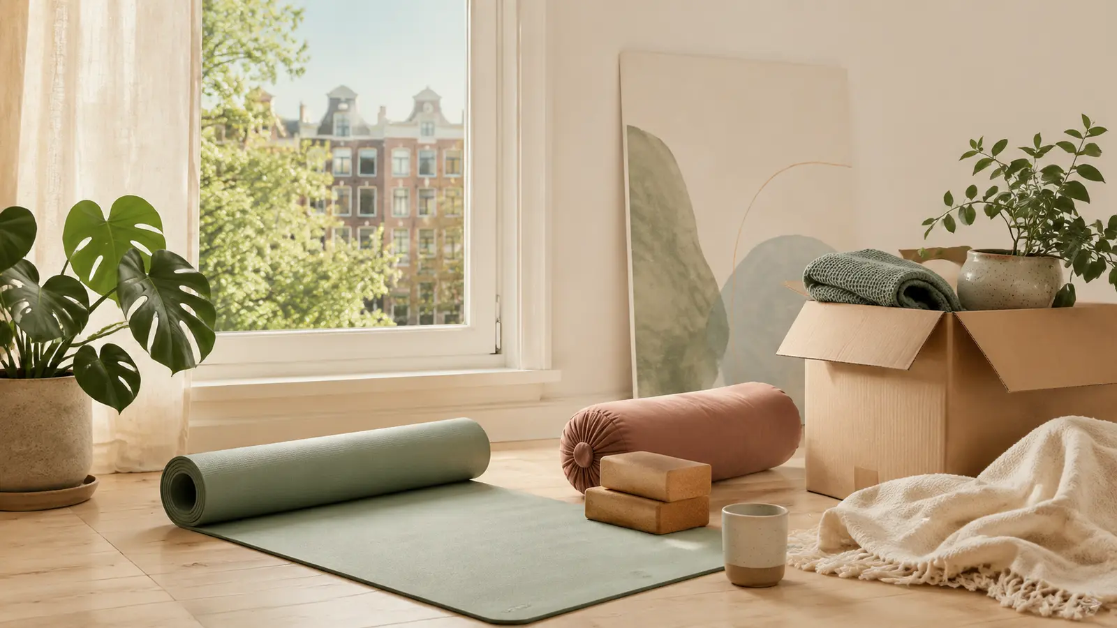 Illustratie van yogaprops en een verhuisdoos in een lichte woning in Amsterdam.