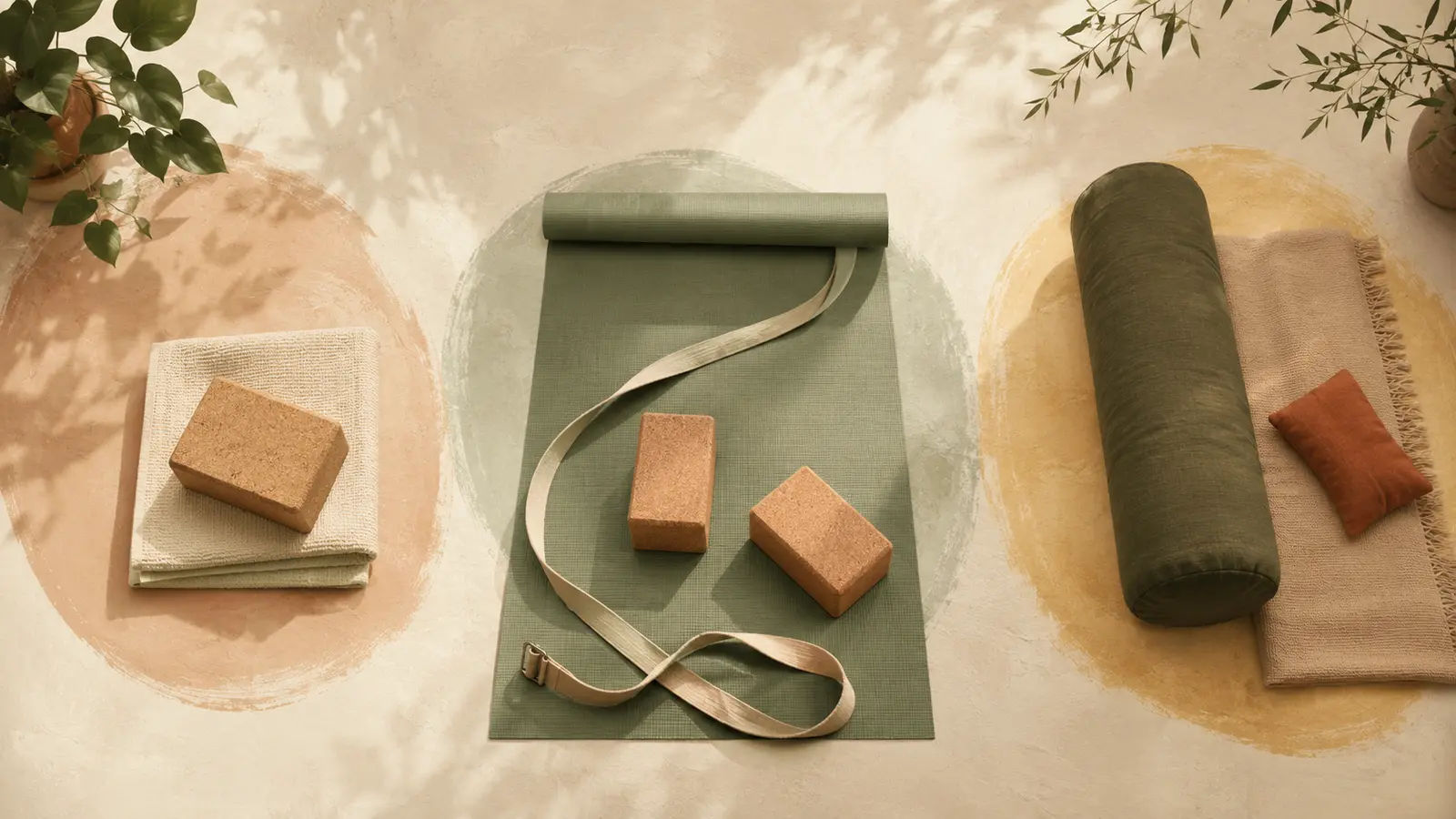 Yogamat, blokken, riem, bolster en deken als verbeelding van de opbouw van een yogales