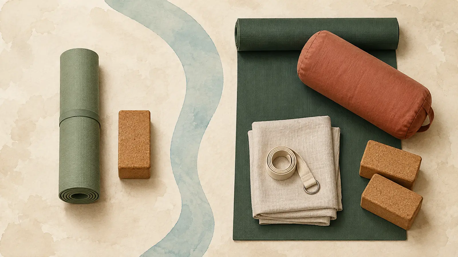 Bovenaanzicht van één yogamat naast een uitgebreidere set matten, blokken, bolster, deken en riem.