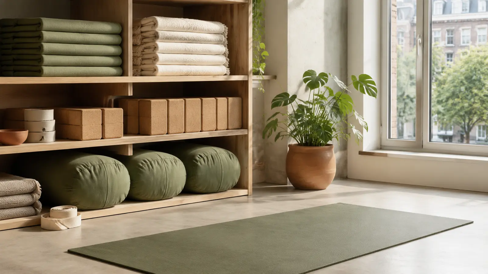 Netjes opgeborgen yogablokken, dekens, riemen en bolsters naast een schone yogamat.