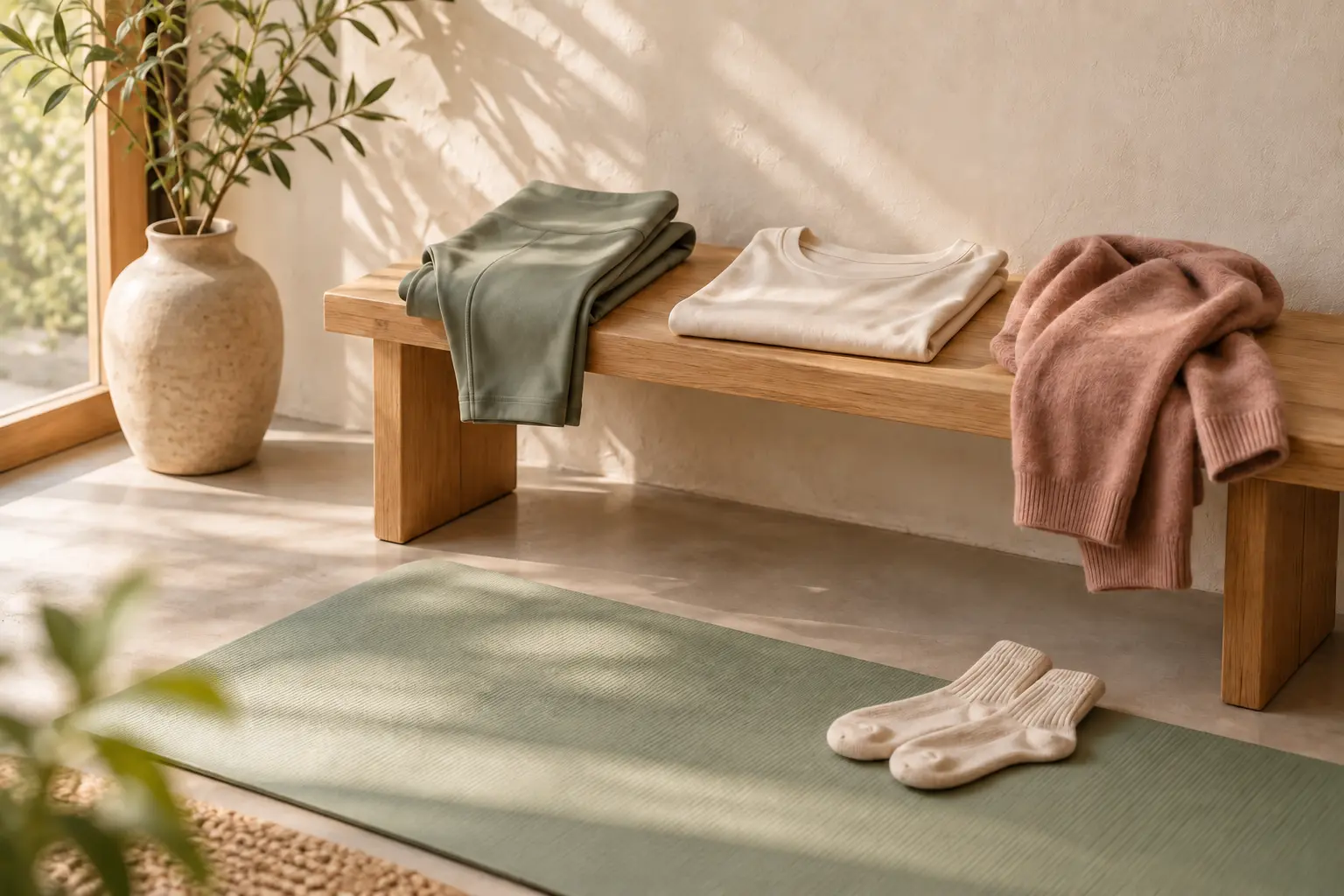 Comfortabele yogakleding, een lichte trui en sokken klaargelegd bij een yogamat in een rustige lege ruimte.